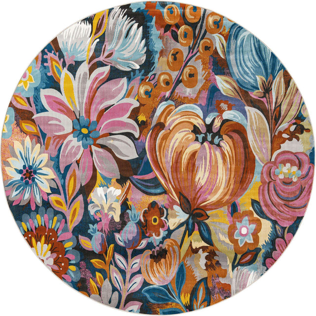 Multicolor 7' x 7' Blossom Round Area Rug 100% Polypropylene With Cotton Backing Easy Clean Colorful Blooming Blossoming Flower Floral Plant Carpet for Living Dining Room Office Dorms for Sale at Rug Engine