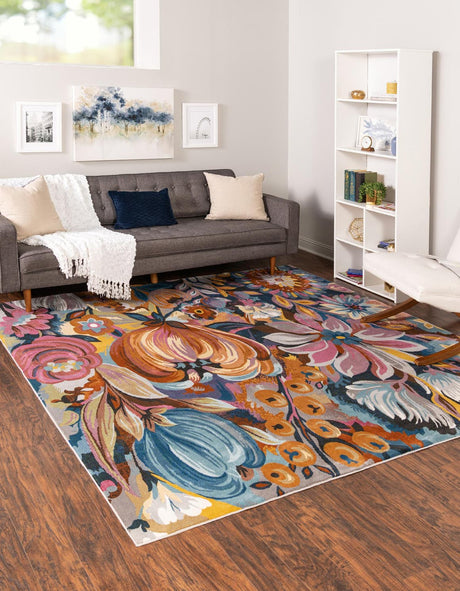 Multicolor 7' 10 x 7' 10 Blossom Square Area Rug 100% Polypropylene With Cotton Backing Easy Clean Colorful Blooming Blossoming Flower Floral Plant Carpet for Living Dining Room Office Dorms for Sale at Rug Engine