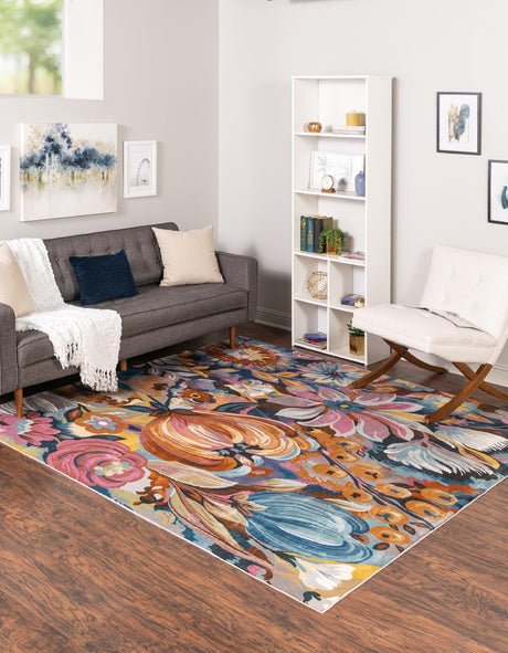 Multicolor 7' 10 x 7' 10 Blossom Square Area Rug 100% Polypropylene With Cotton Backing Easy Clean Colorful Blooming Blossoming Flower Floral Plant Carpet for Living Dining Room Office Dorms for Sale at Rug Engine