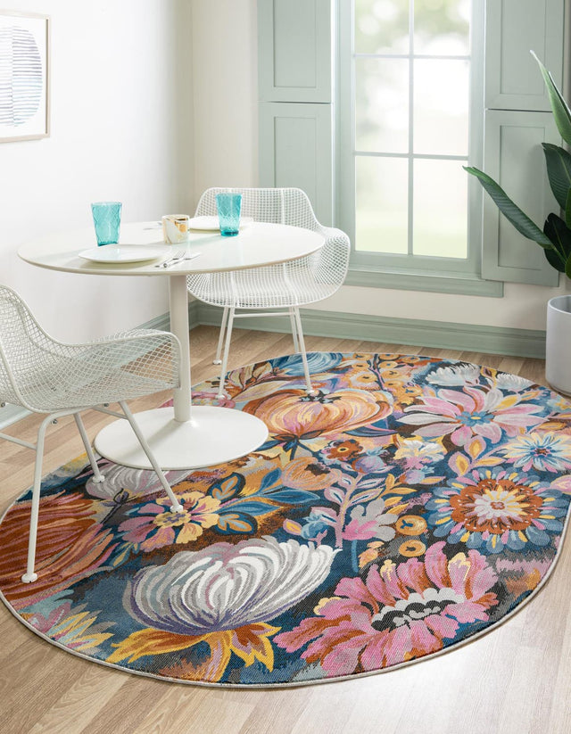 Multicolor 5' 3 x 7' 10 Blossom Oval Area Rug 100% Polypropylene With Cotton Backing Easy Clean Colorful Blooming Blossoming Flower Floral Plant Carpet for Living Dining Room Office Dorms for Sale at Rug Engine