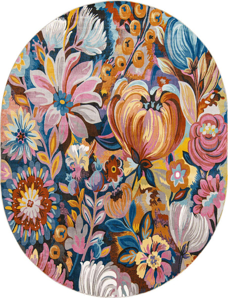 Multicolor 7' 10 x 10' Blossom Oval Area Rug 100% Polypropylene With Cotton Backing Easy Clean Colorful Blooming Blossoming Flower Floral Plant Carpet for Living Dining Room Office Dorms for Sale at Rug Engine