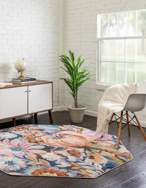 Multicolor 6' x 6' Blossom Octagon Area Rug 100% Polypropylene With Cotton Backing Easy Clean Colorful Blooming Blossoming Flower Floral Plant Carpet for Living Dining Room Office Dorms for Sale at Rug Engine