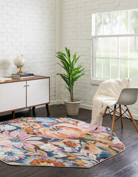 Multicolor 6' x 6' Blossom Octagon Area Rug 100% Polypropylene With Cotton Backing Easy Clean Colorful Blooming Blossoming Flower Floral Plant Carpet for Living Dining Room Office Dorms for Sale at Rug Engine