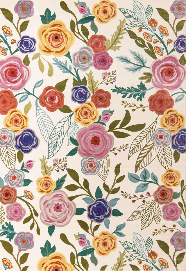Ivory 10' x 14' Blossom Rectangle Area Rug 100% Polypropylene With Cotton Backing Easy Clean Colorful Blooming Blossoming Flower Floral Plant Carpet for Living Dining Room Office Dorms for Sale at Rug Engine