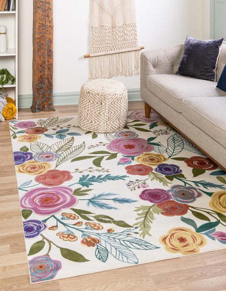 Ivory 10' x 13' 1 Blossom Rectangle Area Rug 100% Polypropylene With Cotton Backing Easy Clean Colorful Blooming Blossoming Flower Floral Plant Carpet for Living Dining Room Office Dorms for Sale at Rug Engine