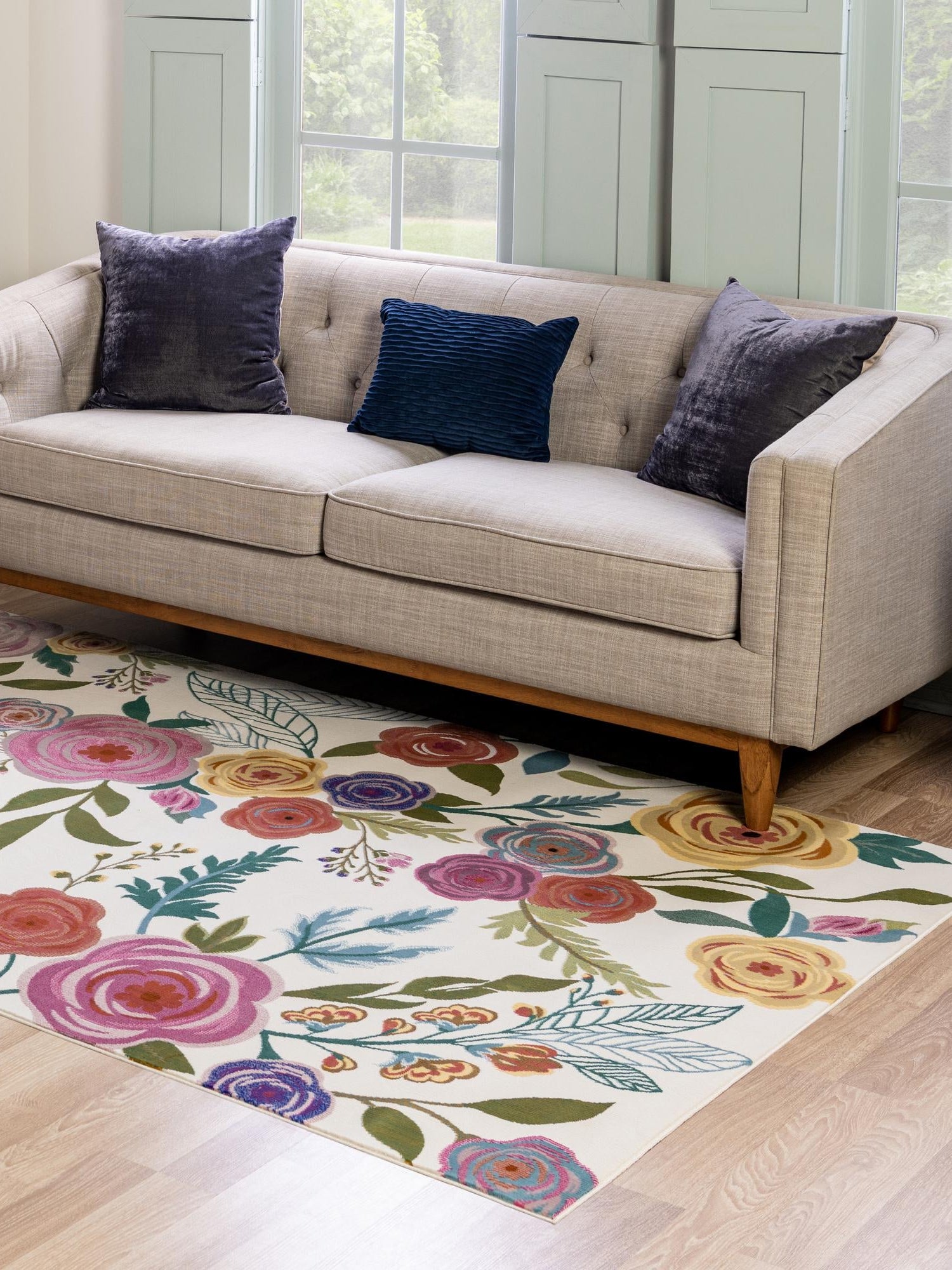 Ivory 4' x 6' Blossom Rectangle Area Rug 100% Polypropylene With Cotton Backing Easy Clean Colorful Blooming Blossoming Flower Floral Plant Carpet for Living Dining Room Office Dorms for Sale at Rug Engine