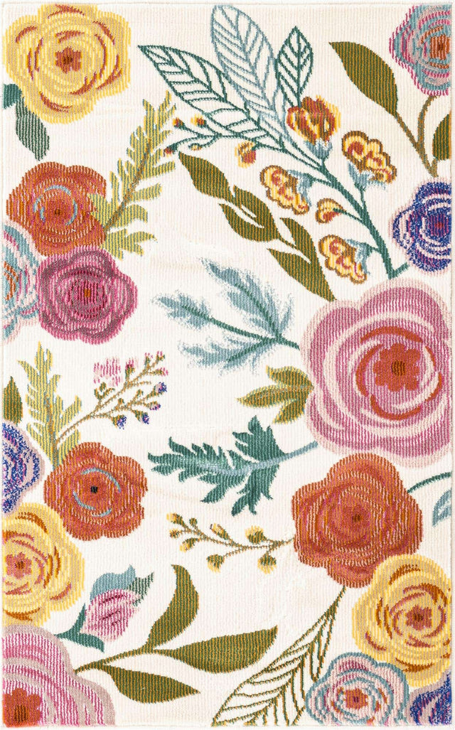 Ivory 2' x 3' Blossom Rectangle Area Rug 100% Polypropylene With Cotton Backing Easy Clean Colorful Blooming Blossoming Flower Floral Plant Carpet for Living Dining Room Office Dorms for Sale at Rug Engine