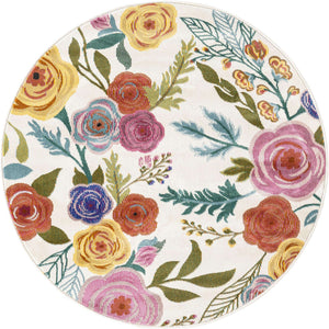 Ivory 3' 3 x 3' 3 Blossom Round Area Rug 100% Polypropylene With Cotton Backing Easy Clean Colorful Blooming Blossoming Flower Floral Plant Carpet for Living Dining Room Office Dorms for Sale at Rug Engine