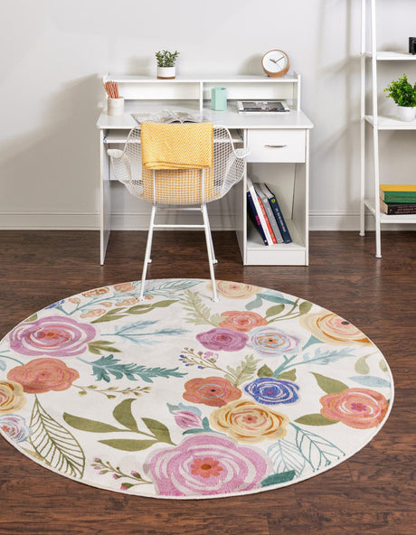 Ivory 10' x 10' Blossom Round Area Rug 100% Polypropylene With Cotton Backing Easy Clean Colorful Blooming Blossoming Flower Floral Plant Carpet for Living Dining Room Office Dorms for Sale at Rug Engine