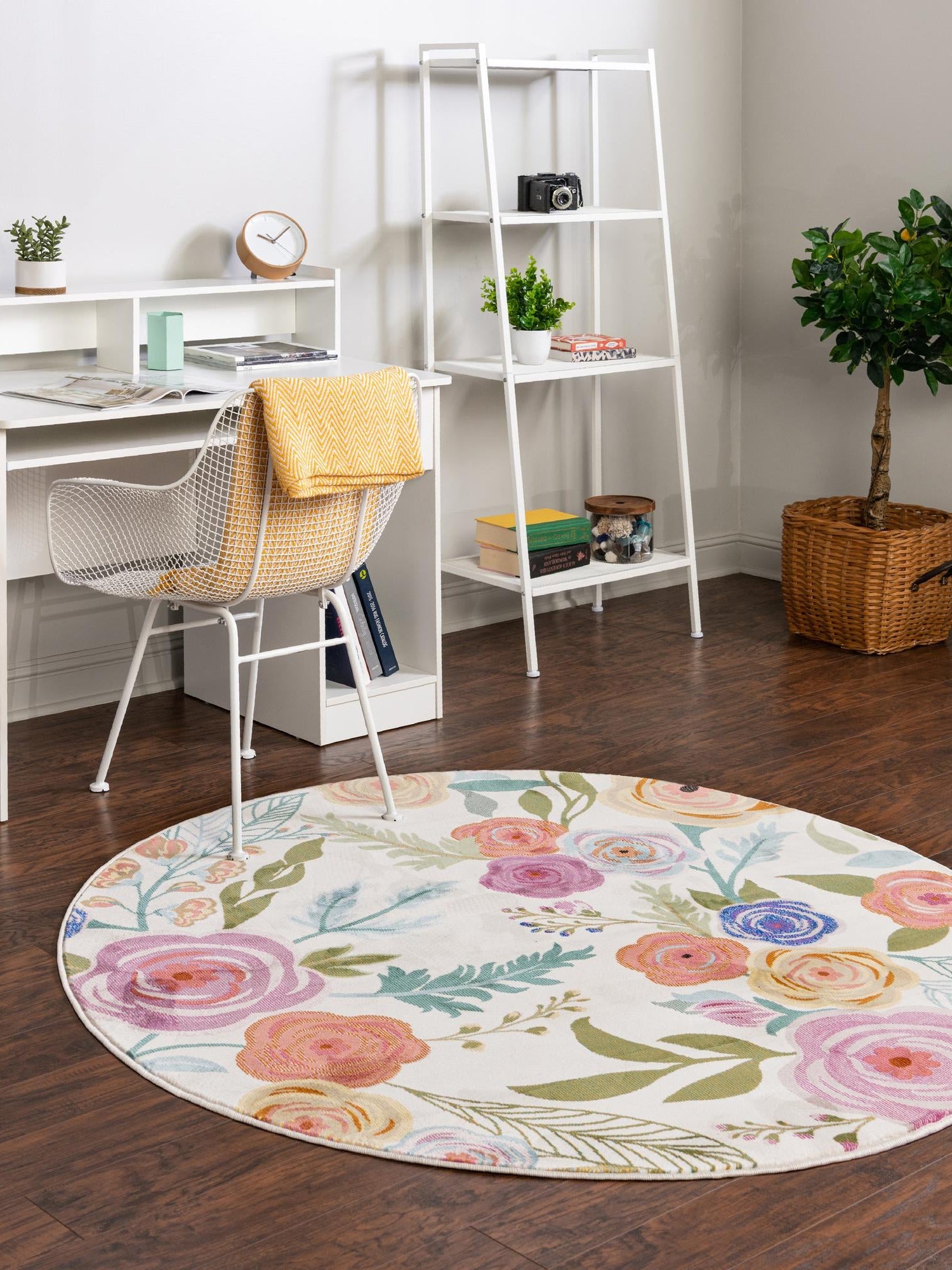 Ivory 3' 3 x 3' 3 Blossom Round Area Rug 100% Polypropylene With Cotton Backing Easy Clean Colorful Blooming Blossoming Flower Floral Plant Carpet for Living Dining Room Office Dorms for Sale at Rug Engine