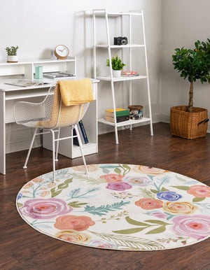 Ivory 10' x 10' Blossom Round Area Rug 100% Polypropylene With Cotton Backing Easy Clean Colorful Blooming Blossoming Flower Floral Plant Carpet for Living Dining Room Office Dorms for Sale at Rug Engine