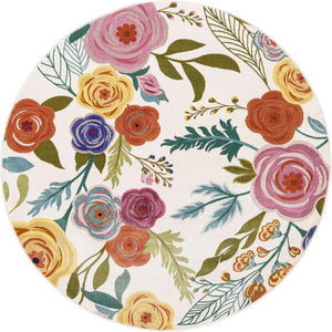 Ivory 5' 3 x 5' 3 Blossom Round Area Rug 100% Polypropylene With Cotton Backing Easy Clean Colorful Blooming Blossoming Flower Floral Plant Carpet for Living Dining Room Office Dorms for Sale at Rug Engine