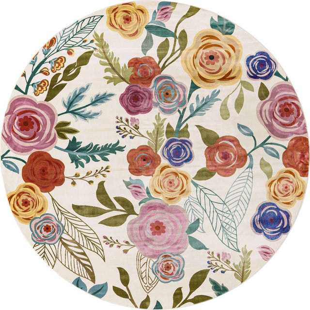 Ivory 10' x 10' Blossom Round Area Rug 100% Polypropylene With Cotton Backing Easy Clean Colorful Blooming Blossoming Flower Floral Plant Carpet for Living Dining Room Office Dorms for Sale at Rug Engine