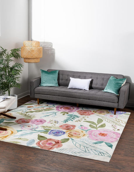 Ivory 4' 1 x 4' 1 Blossom Square Area Rug 100% Polypropylene With Cotton Backing Easy Clean Colorful Blooming Blossoming Flower Floral Plant Carpet for Living Dining Room Office Dorms for Sale at Rug Engine