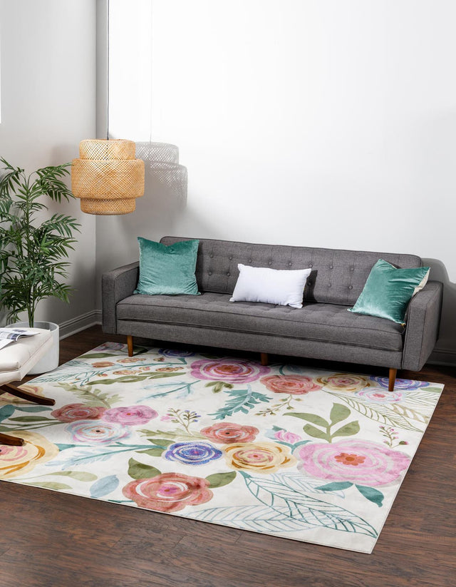 Ivory 4' 1 x 4' 1 Blossom Square Area Rug 100% Polypropylene With Cotton Backing Easy Clean Colorful Blooming Blossoming Flower Floral Plant Carpet for Living Dining Room Office Dorms for Sale at Rug Engine