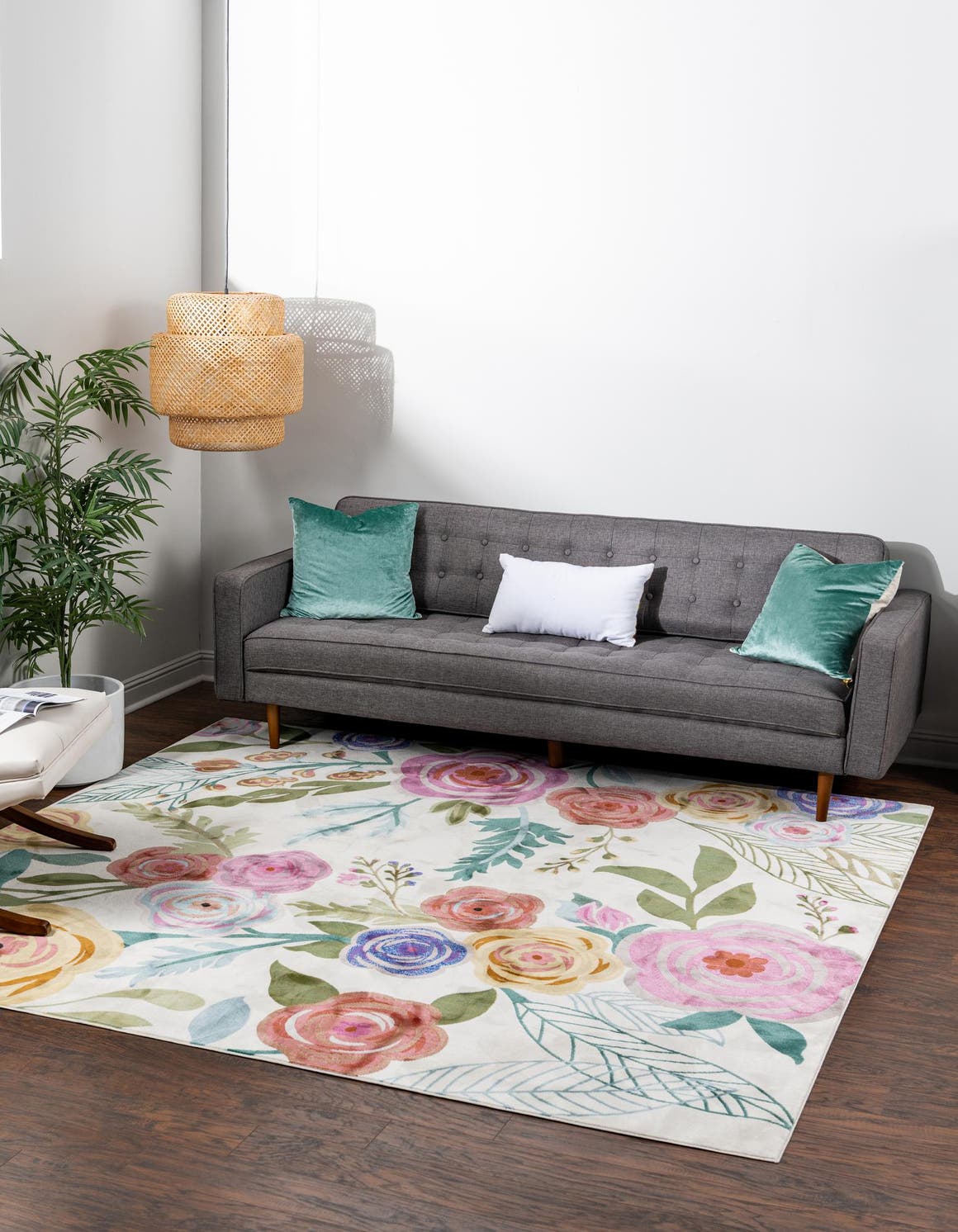 Ivory 6' 1 x 6' 1 Blossom Square Area Rug 100% Polypropylene With Cotton Backing Easy Clean Colorful Blooming Blossoming Flower Floral Plant Carpet for Living Dining Room Office Dorms for Sale at Rug Engine