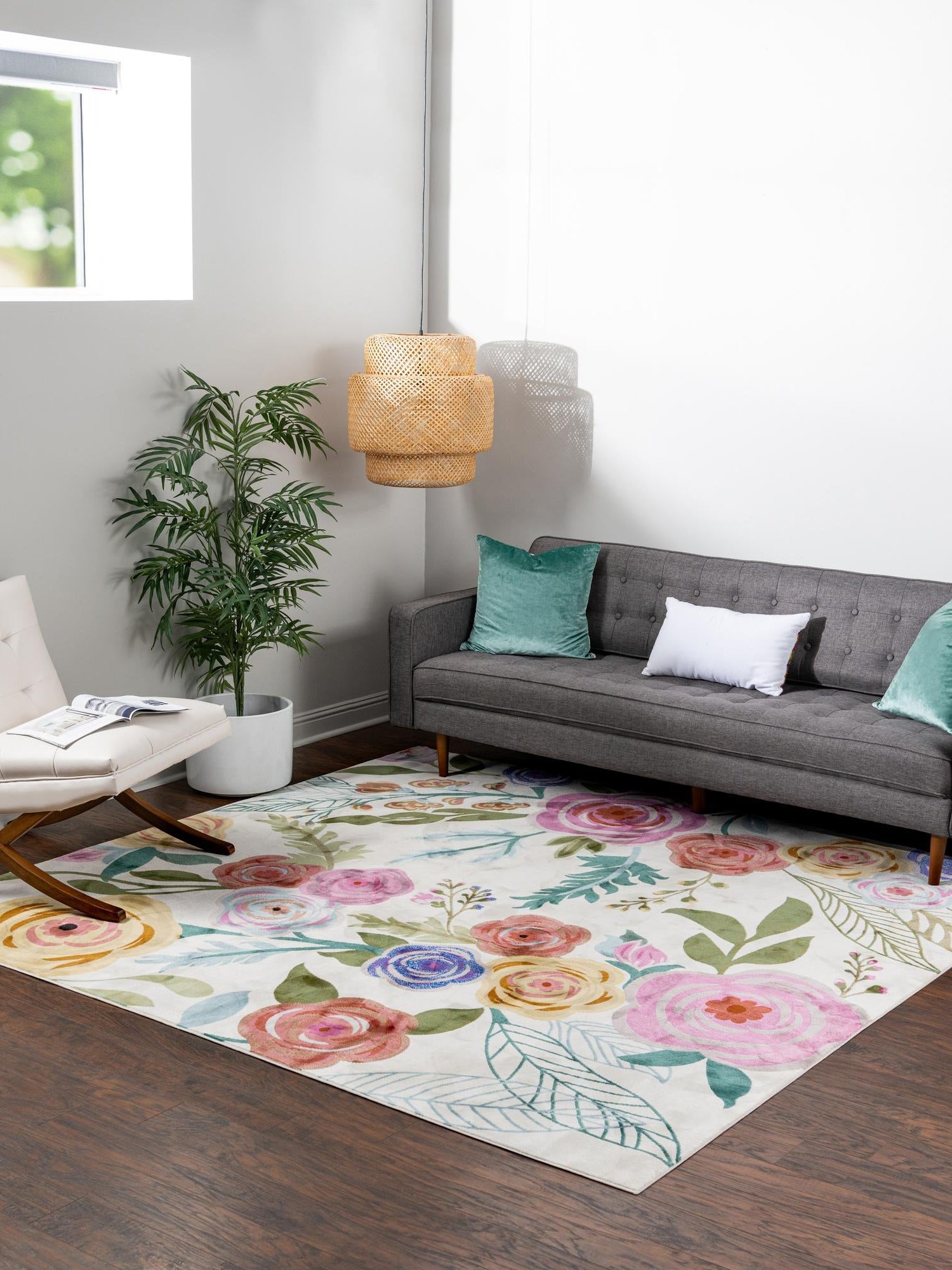 Ivory 5' 3 x 5' 3 Blossom Square Area Rug 100% Polypropylene With Cotton Backing Easy Clean Colorful Blooming Blossoming Flower Floral Plant Carpet for Living Dining Room Office Dorms for Sale at Rug Engine