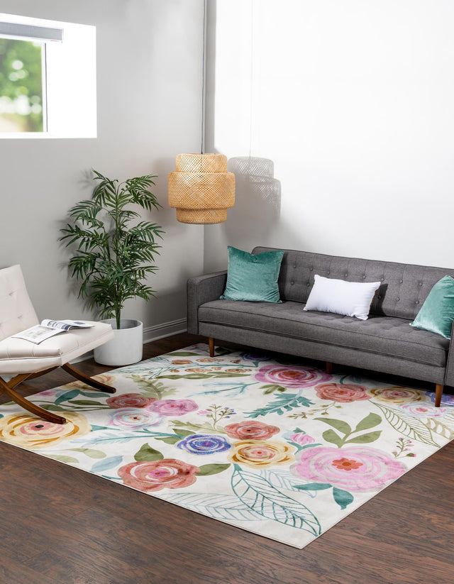Ivory 6' 1 x 6' 1 Blossom Square Area Rug 100% Polypropylene With Cotton Backing Easy Clean Colorful Blooming Blossoming Flower Floral Plant Carpet for Living Dining Room Office Dorms for Sale at Rug Engine