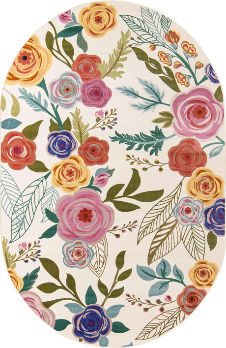 Ivory 4' x 6' Blossom Oval Area Rug 100% Polypropylene With Cotton Backing Easy Clean Colorful Blooming Blossoming Flower Floral Plant Carpet for Living Dining Room Office Dorms for Sale at Rug Engine