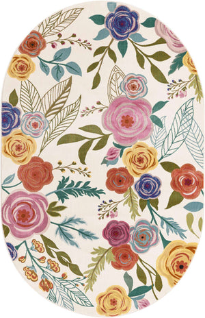 Ivory 5' 3 x 7' 10 Blossom Oval Area Rug 100% Polypropylene With Cotton Backing Easy Clean Colorful Blooming Blossoming Flower Floral Plant Carpet for Living Dining Room Office Dorms for Sale at Rug Engine