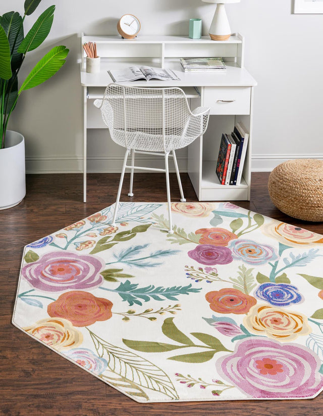 Ivory 6' x 6' Blossom Octagon Area Rug 100% Polypropylene With Cotton Backing Easy Clean Colorful Blooming Blossoming Flower Floral Plant Carpet for Living Dining Room Office Dorms for Sale at Rug Engine