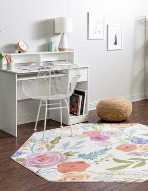 Ivory 6' x 6' Blossom Octagon Area Rug 100% Polypropylene With Cotton Backing Easy Clean Colorful Blooming Blossoming Flower Floral Plant Carpet for Living Dining Room Office Dorms for Sale at Rug Engine