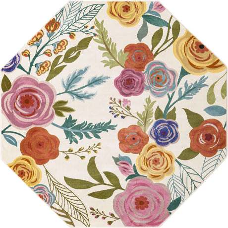 Ivory 6' x 6' Blossom Octagon Area Rug 100% Polypropylene With Cotton Backing Easy Clean Colorful Blooming Blossoming Flower Floral Plant Carpet for Living Dining Room Office Dorms for Sale at Rug Engine