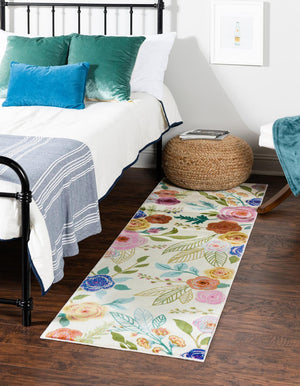 Ivory 2' 7 x 13' 1 Blossom Runner Area Rug 100% Polypropylene With Cotton Backing Easy Clean Colorful Blooming Blossoming Flower Floral Plant Carpet for Living Dining Room Office Dorms for Sale at Rug Engine