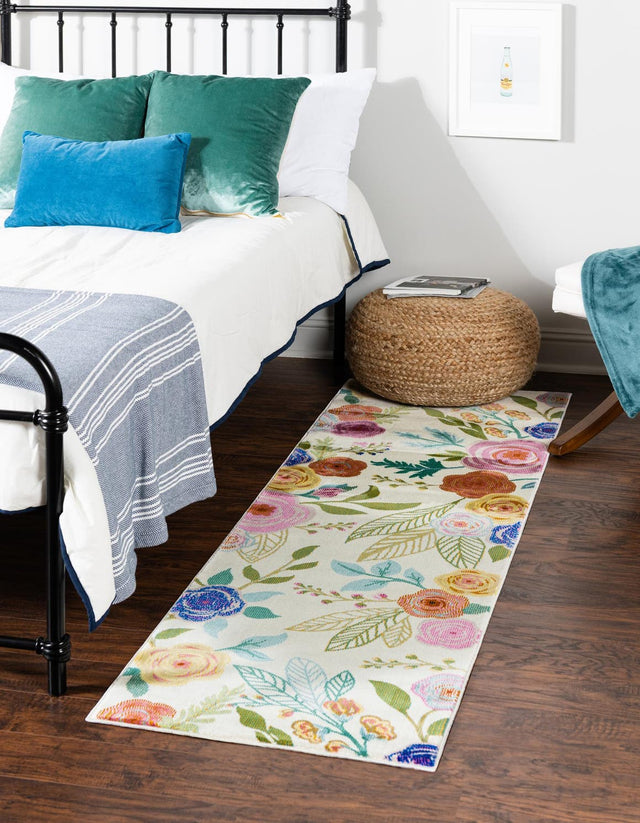 Ivory 2' 7 x 19' 8 Blossom Runner Area Rug 100% Polypropylene With Cotton Backing Easy Clean Colorful Blooming Blossoming Flower Floral Plant Carpet for Living Dining Room Office Dorms for Sale at Rug Engine