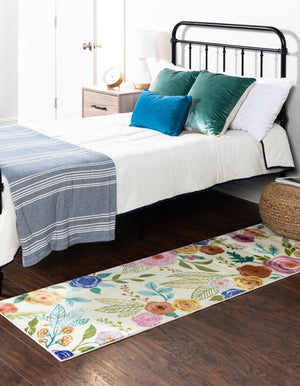 Ivory 2' x 5' 1 Blossom Runner Area Rug 100% Polypropylene With Cotton Backing Easy Clean Colorful Blooming Blossoming Flower Floral Plant Carpet for Living Dining Room Office Dorms for Sale at Rug Engine
