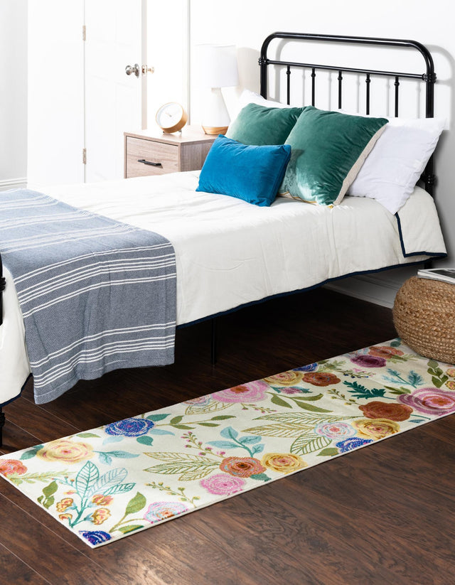 Ivory 2' x 8' Blossom Runner Area Rug 100% Polypropylene With Cotton Backing Easy Clean Colorful Blooming Blossoming Flower Floral Plant Carpet for Living Dining Room Office Dorms for Sale at Rug Engine