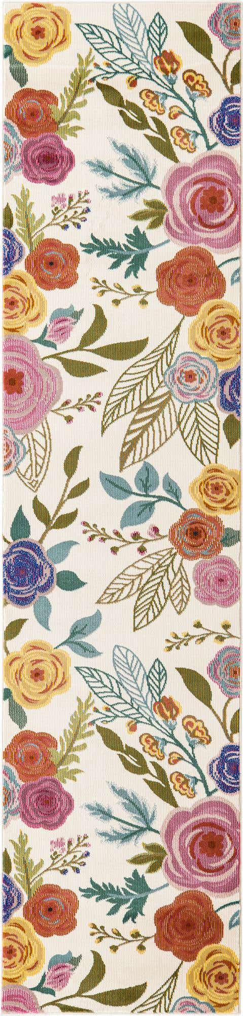 Ivory 2' x 8' Blossom Runner Area Rug 100% Polypropylene With Cotton Backing Easy Clean Colorful Blooming Blossoming Flower Floral Plant Carpet for Living Dining Room Office Dorms for Sale at Rug Engine