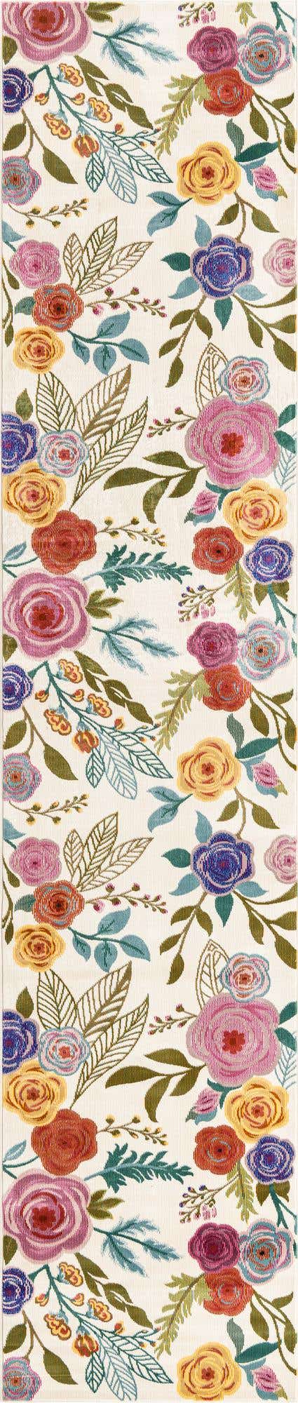 Ivory 2' 7 x 12' Blossom Runner Area Rug 100% Polypropylene With Cotton Backing Easy Clean Colorful Blooming Blossoming Flower Floral Plant Carpet for Living Dining Room Office Dorms for Sale at Rug Engine