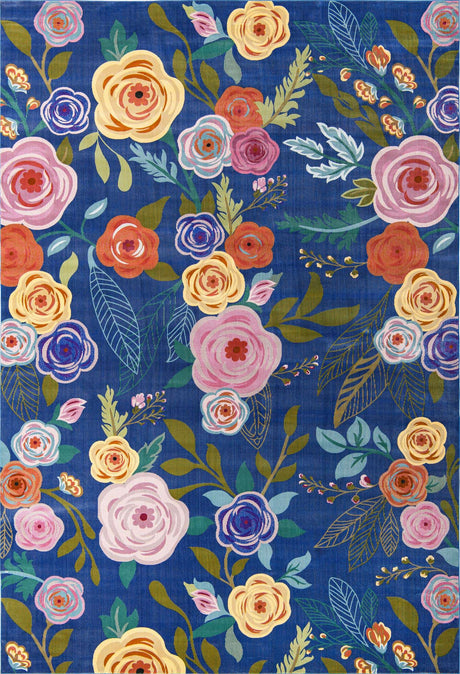Blue 10' x 14' Blossom Rectangle Area Rug 100% Polypropylene With Cotton Backing Easy Clean Colorful Blooming Blossoming Flower Floral Plant Carpet for Living Dining Room Office Dorms for Sale at Rug Engine