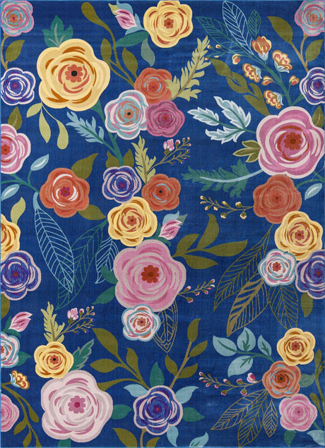 Blue 9' x 12' Blossom Rectangle Area Rug 100% Polypropylene With Cotton Backing Easy Clean Colorful Blooming Blossoming Flower Floral Plant Carpet for Living Dining Room Office Dorms for Sale at Rug Engine