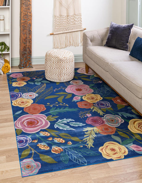 Blue 2' x 3' Blossom Rectangle Area Rug 100% Polypropylene With Cotton Backing Easy Clean Colorful Blooming Blossoming Flower Floral Plant Carpet for Living Dining Room Office Dorms for Sale at Rug Engine
