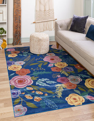 Blue 6' 1 x 9' Blossom Rectangle Area Rug 100% Polypropylene With Cotton Backing Easy Clean Colorful Blooming Blossoming Flower Floral Plant Carpet for Living Dining Room Office Dorms for Sale at Rug Engine