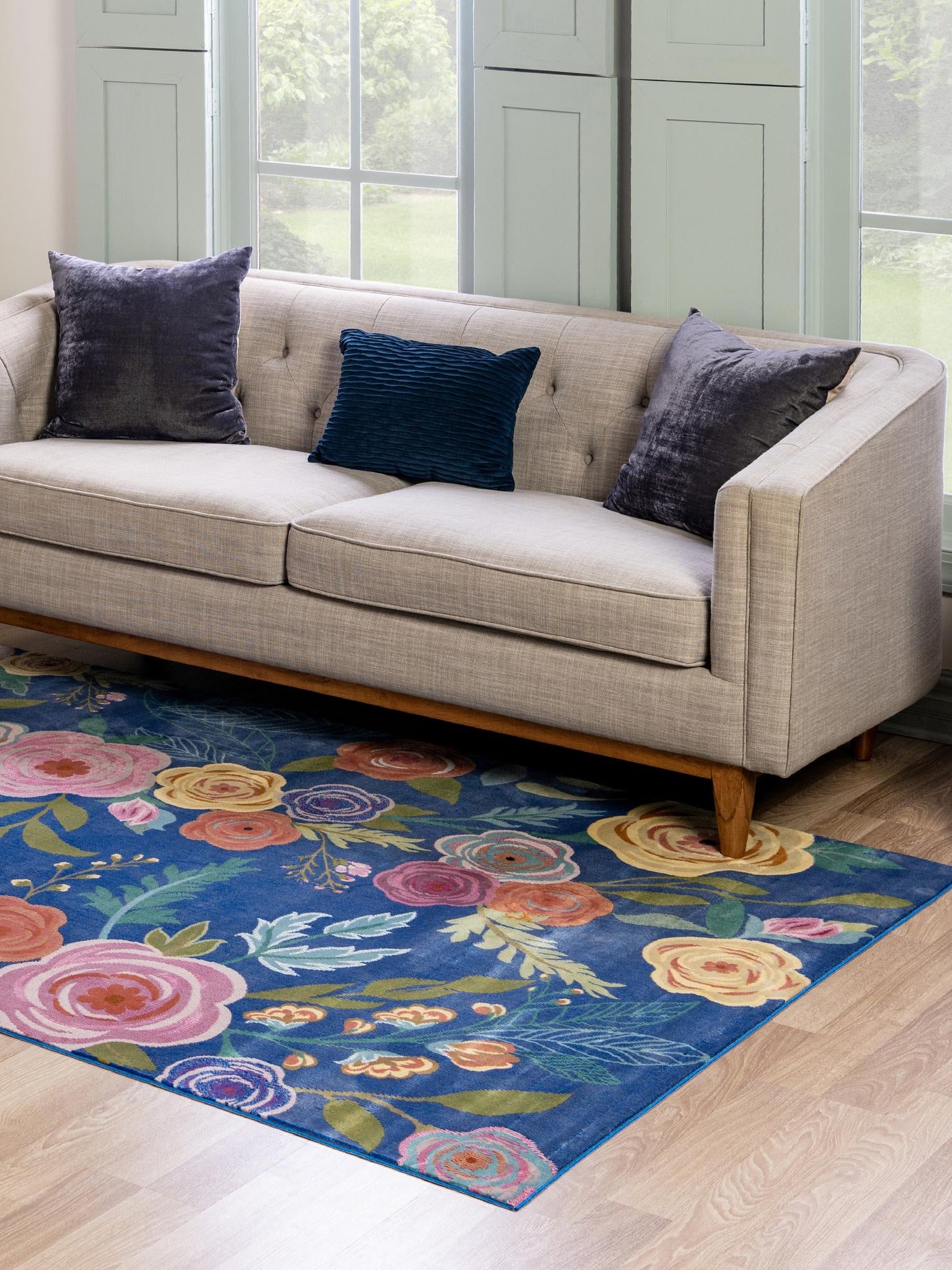 Blue 10' x 14' Blossom Rectangle Area Rug 100% Polypropylene With Cotton Backing Easy Clean Colorful Blooming Blossoming Flower Floral Plant Carpet for Living Dining Room Office Dorms for Sale at Rug Engine