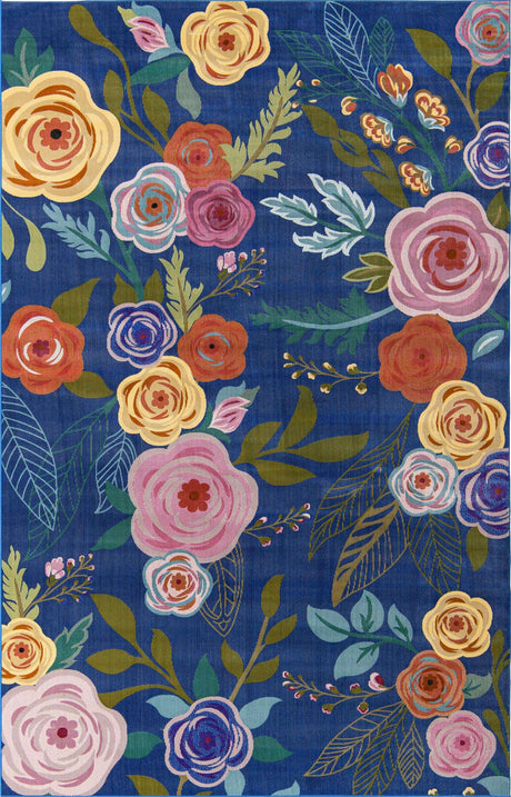 Blue 5' 3 x 7' 10 Blossom Rectangle Area Rug 100% Polypropylene With Cotton Backing Easy Clean Colorful Blooming Blossoming Flower Floral Plant Carpet for Living Dining Room Office Dorms for Sale at Rug Engine