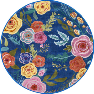 Blue 3' 3 x 3' 3 Blossom Round Area Rug 100% Polypropylene With Cotton Backing Easy Clean Colorful Blooming Blossoming Flower Floral Plant Carpet for Living Dining Room Office Dorms for Sale at Rug Engine