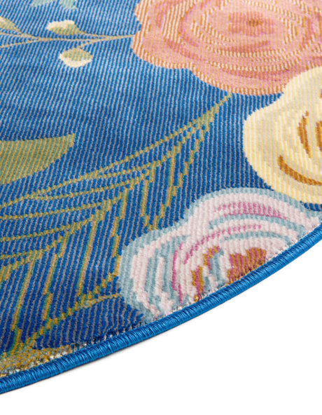 Blue 4' 1 x 4' 1 Blossom Round Area Rug 100% Polypropylene With Cotton Backing Easy Clean Colorful Blooming Blossoming Flower Floral Plant Carpet for Living Dining Room Office Dorms for Sale at Rug Engine