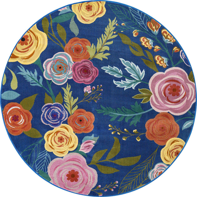 Blue 5' 3 x 5' 3 Blossom Round Area Rug 100% Polypropylene With Cotton Backing Easy Clean Colorful Blooming Blossoming Flower Floral Plant Carpet for Living Dining Room Office Dorms for Sale at Rug Engine