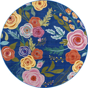 Blue 7' x 7' Blossom Round Area Rug 100% Polypropylene With Cotton Backing Easy Clean Colorful Blooming Blossoming Flower Floral Plant Carpet for Living Dining Room Office Dorms for Sale at Rug Engine