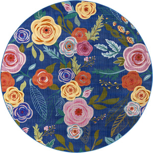 Blue 10' x 10' Blossom Round Area Rug 100% Polypropylene With Cotton Backing Easy Clean Colorful Blooming Blossoming Flower Floral Plant Carpet for Living Dining Room Office Dorms for Sale at Rug Engine