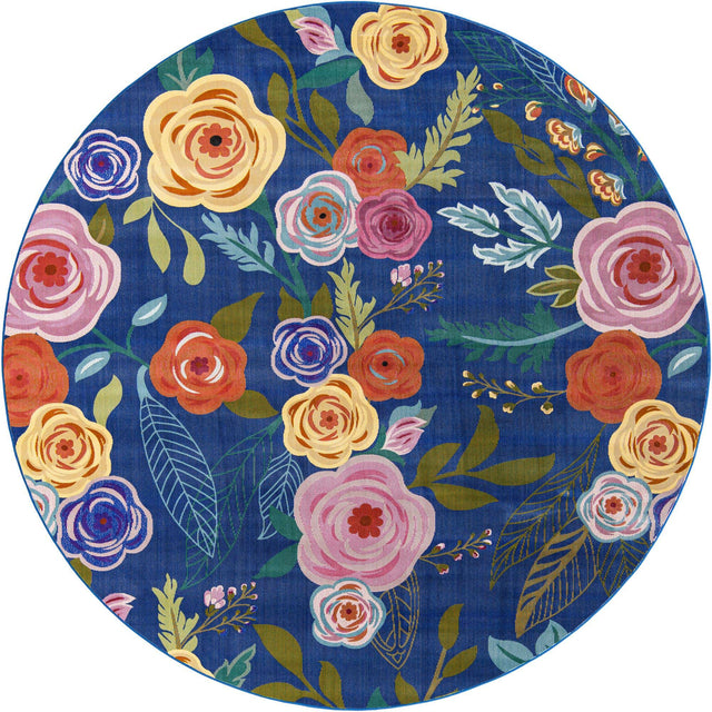 Blue 10' x 10' Blossom Round Area Rug 100% Polypropylene With Cotton Backing Easy Clean Colorful Blooming Blossoming Flower Floral Plant Carpet for Living Dining Room Office Dorms for Sale at Rug Engine