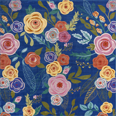 Blue 10' x 10' Blossom Square Area Rug 100% Polypropylene With Cotton Backing Easy Clean Colorful Blooming Blossoming Flower Floral Plant Carpet for Living Dining Room Office Dorms for Sale at Rug Engine