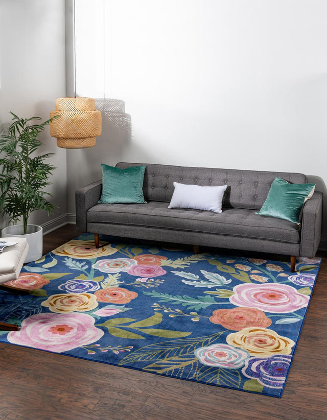 Blue 6' 1 x 6' 1 Blossom Square Area Rug 100% Polypropylene With Cotton Backing Easy Clean Colorful Blooming Blossoming Flower Floral Plant Carpet for Living Dining Room Office Dorms for Sale at Rug Engine