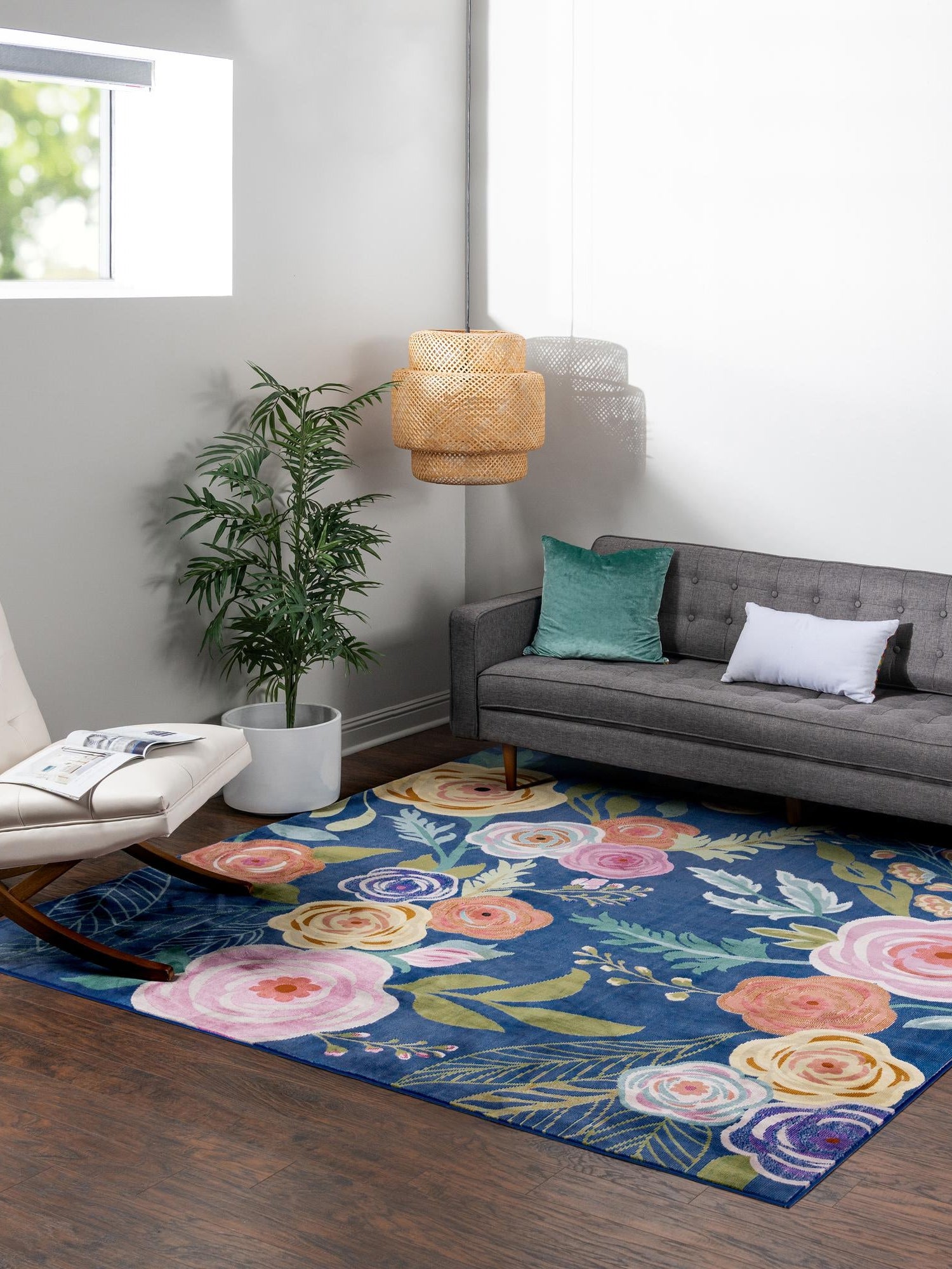 Blue 10' x 10' Blossom Square Area Rug 100% Polypropylene With Cotton Backing Easy Clean Colorful Blooming Blossoming Flower Floral Plant Carpet for Living Dining Room Office Dorms for Sale at Rug Engine