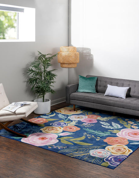Blue 5' 3 x 5' 3 Blossom Square Area Rug 100% Polypropylene With Cotton Backing Easy Clean Colorful Blooming Blossoming Flower Floral Plant Carpet for Living Dining Room Office Dorms for Sale at Rug Engine