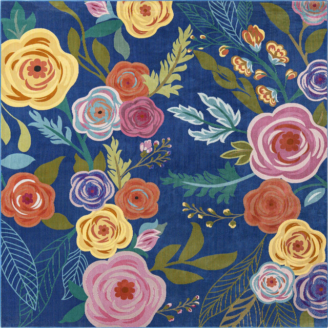 Blue 7' 10 x 7' 10 Blossom Square Area Rug 100% Polypropylene With Cotton Backing Easy Clean Colorful Blooming Blossoming Flower Floral Plant Carpet for Living Dining Room Office Dorms for Sale at Rug Engine